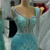 2023 Aso Ebi Arabic Hunter Blue Mermaid Prom Dress Crystals Sexy Evening Formal Party Second Reception Birthday Engagement Gowns Dresses Robe De Soiree ZJ369