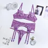 Bras Sets High Quality Purple Lace Gauze Seduces Women's Erotic Underwear Hollow Out Perspective Cross Strap Sexy Gathering Lingerie Set