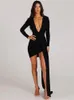 Casual Dresses Temuscola Deep V Neck Elegant Ruched Mini Dress with Strap Women 2023 Autumn Long Sleeve Bodycon Black Prom Party Female