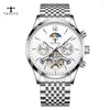 Wristwatches TRSOYE Business Silver Skeleton Automatic Watch For Men Chrono Multi-Function Luxury Stainless Steel Relojes