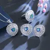 Colar brincos conjunto threegraces exclusivo místico azul zircônia cúbica cristal coração forma anel para mulheres moda jóias js636