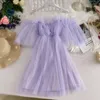 Partykleider Sweet Fairy Off Shoulders Gaze Gespleißte Rüschen Kleid Trägerloses Netz Plissee Vintage A-Linie Vestidos 2023