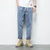 Men's Jeans 2023 Spring Elastic Skinny Fashion Pants Korean Style Cropped Loose Large Size Mercerized Cotton