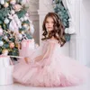 Girl Dresses Princess Pink Tulle Flower Dress For Wedding Round Neck Long Sleeve Pageant Child First Communion Birthday Party