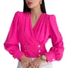 Blouses pour femmes 2023 Mode Automne Col en V profond Chemise solide Chemisier Bureau Dame Élégante Manches longues Taille Bouton Femme Casual Hauts Blancs