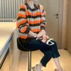 Frauen Strick Herbst Winter Weibliche Koreanische Pendeln Gestreiften Pullover Strickjacke Mode Lose Langarm Trend Gestrickte Mantel Kleidung 2023