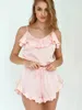 Vêtements de nuit pour femmes Marthaqiqi rose satin spaghetti sangle débardeur vêtements de nuit sexy mince chemises de nuit à volants shorts pyjama ensemble 2 pièces femmes