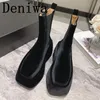 Boots Arrive Women Square Toe Short Runway Designer Thick Sole Female Slip On Height Increasing Mid Calf Mujer 230907