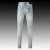 Jeans masculinos moda streetwear homens retro luz azul elástico magro ajuste destruído rasgado remendo designer marca hip hop calças