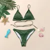 Женский купальник, летний комплект бикини с завязками сзади, темно-зеленый, модный комплект бикини с пышными рукавами