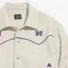 Men's Casual Shirts AWGE NEEDLES Jacket Mens Womens Quality Butterfly Embroidery Purple Stripe Almond Long Sleeve Shirt Suit