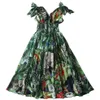 Runway Forest Animal Print Green Maxi Dress Summer Women's Bow tie Strap V-Neck High Elastic Waist Chiffon Long Dress 2023287G