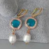 Dangle Earrings Y.YING Cultured White Rice Pearl Cz Bezel Set Blue Crystal Lever Back