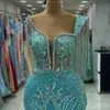 2023 Aso Ebi Arabic Hunter Blue Mermaid Prom Dress Crystals Sexy Evening Formal Party Second Reception Birthday Engagement Gowns Dresses Robe De Soiree ZJ369