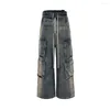 Jeans pour hommes Y2K Style ruban dégradé multi-poches cordon de serrage Harajuku Street pantalon en denim ample