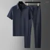 Tracksuits masculinos homens casuais esportes 2 peça conjunto de manga curta t camisa calças de negócios treino verão ultra fino gelo suave alto terno homem