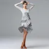 Stage Wear Adult Tassel Latin Dance Costume Dress Practice Women Salsa Samba Sling Rhinestones Sleeves Girls