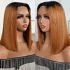 Clearance Sale Ombre Straight Bob Wig 13x1 T Part Lace With Black Roots Brown Colored Human Hair Pre Plucked
