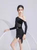 Stage Wear 2023 Off-Shoulder Latin Dance Competition Dress Black Fringe Performance Costume Girls ChaCha Modern Dresses YS5091