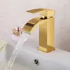 Bathroom Sink Faucets Gold Lead-Free Solid Brass Copper Waterfall Vanity Faucet Golden Basin Mixer Tap With Rectangular Spout For Lavatory