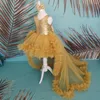 Mädchenkleider Goldblumenkleid mit abnehmbarer Schleppe, Paillettenoberteil, O-Ausschnitt, Prinzessin, Abschlussball, Weihnachtsgeburtstagskleid, Kindergröße 2023