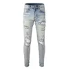 Jeans masculinos moda streetwear homens retro luz azul elástico magro ajuste destruído rasgado remendo designer marca hip hop calças