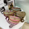 Waist Bags Thick Chain Women's Waist Bag Striped Straw Woven Handbag Purse Summer Fanny Pack Fashion Boho Travel Chest Bag Femme Belt Bag 230907