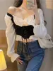 Blouses Femmes Lace Up Corset Chemise Femmes Designer Sexy Patchwork Puff Blouse À Manches Longues Col Carré Blanc Serré Crop Top Mode Coréenne