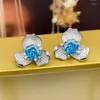 Orecchini a bottone S925 Argento Acquamarina 7 7mm Lussuosi accessori per gioielli con diamanti e fiori