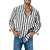 Men's Casual Shirts Summer Flax Shirt Stripe Print Fashion For Men Stand Collar Breathable Camisas Blusas Long Sleeve Outfits Tops