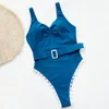 Women's Swimwear Bikini Solid Color Lace Hem With Belt One Piece Summer Women Swimsuit For Swimming Pool