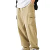 Мужские брюки 2023, осенние винтажные модные однотонные повседневные брюки-карго с эластичной резинкой на талии, свободные широкие брюки