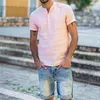 Men's Casual Shirts Solid Color Men Fashion Stand Collar Cotton Linen Tops Short Sleeve Summer White Pink Chemise Homme