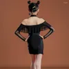 Bühnenkleidung Mädchen Off-Shoulder Latin Dance Kostüm Wettbewerbskleid Schwarz Langarm ChaCha Modern Performance Anzug Body Rock DL9095