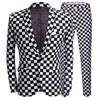 Costumes pour hommes Blazers Costume de mode Hommes Noir Blanc Plaid Imprimer 2 pièces Ensemble Dernières Manteau Pantalon Designs Chanteur de scène de mariage Sli224e