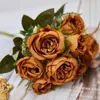 Dekorativa blommor 8 huvuden konstgjorda vintage silke piongrön röd rosa rose falska blommor ornament bröllop bukett party dekoration