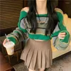 Dames Truien Hsa Preppy Gestreepte Crop Sweater Dames Koreaanse stijl Vintage Oversize O-hals Jumper Harajuku Streetwear Groen Gebreide Top