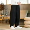 Men's Pants Mens Cotton Linen Baggy Wide Leg Elastic Waist Loose Trousers Casual Harem Solid Color Wushu Drawstring Men Lantern