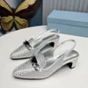 Rear sling pointed toes dress shoe rhinestone decoration Medium thick heel pump women's Party evening shoes Luxury designers brand shoes factory footwear