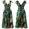 Runway Forest Animal Print Grünes Maxikleid Sommer Damen Fliege Träger V-Ausschnitt Hohe elastische Taille Chiffon Langes Kleid 2023287G