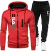 Herren-Trainingsanzüge, lässiger Druck-Trainingsanzug, Herren-Jacke mit Kapuze und Reißverschluss + schwarze Jogginghose, modisches zweiteiliges Set, einfarbig, Training, Jogging, Sportanzüge x0907