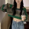 Dames Truien Hsa Preppy Gestreepte Crop Sweater Dames Koreaanse stijl Vintage Oversize O-hals Jumper Harajuku Streetwear Groen Gebreide Top