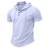 Herren-T-Shirts, lässig, mit Kapuze, V-Ausschnitt, T-Shirt, Sommer, Herren, reine Farbe, kurzärmelig, Kapuzenpullover, Herren-Oberteile, modischer Knopf, Henly Vintage-Pullover