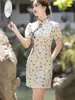 Ethnic Clothing Traditional Chinese Style Sexy Short Sleeve Qipao Floral Print Dress Vestido Women's Mini Cheongsam