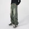 Men's Jeans 2023 Green Cargo Distressed Vintage Denim Trousers Male Wide Leg Pants Men Retro Oversize Casual Hip Hop Streetwear