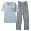 Heren nachtkleding pyjama set zomer O-hals korte mouw lange broek puur katoen dun jeugd jongens tweedelige huiskleding