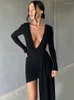 Casual Dresses Temuscola Deep V Neck Elegant Ruched Mini Dress with Strap Women 2023 Autumn Long Sleeve Bodycon Black Prom Party Female