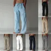 Calças masculinas verão cor sólida algodão linho homens minimalista básico casual cordão calças finas oversize solto perna reta calça