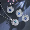 Colar brincos conjunto threegraces exclusivo místico azul zircônia cúbica cristal coração forma anel para mulheres moda jóias js636