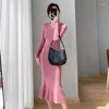 Casual Dresses V-neck Long Sleeve Knitted Dress Women Sexy Bodycon A Line Knit Maxi Vestidos Autumn Fashion Commuter Fishtail Skirt